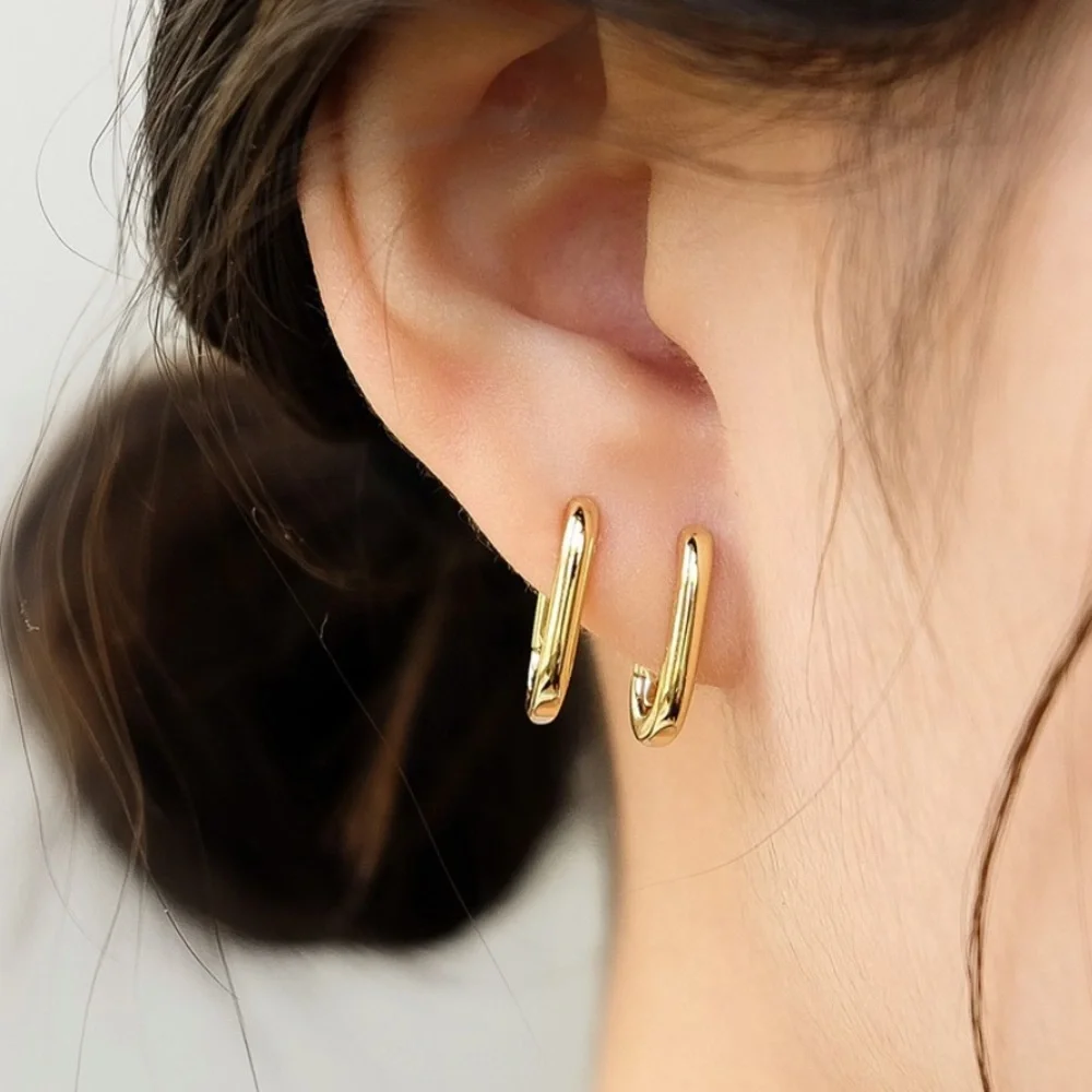 Geometric Oval Hoop Earrings | Gold Plated Earrings - Picture 2 of 4